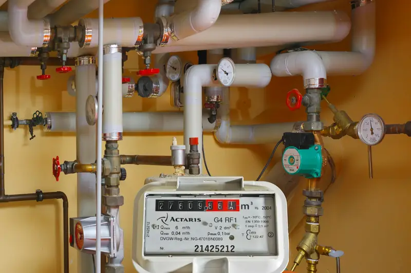 Gas meter beside heating pipework, pump and isolation valves