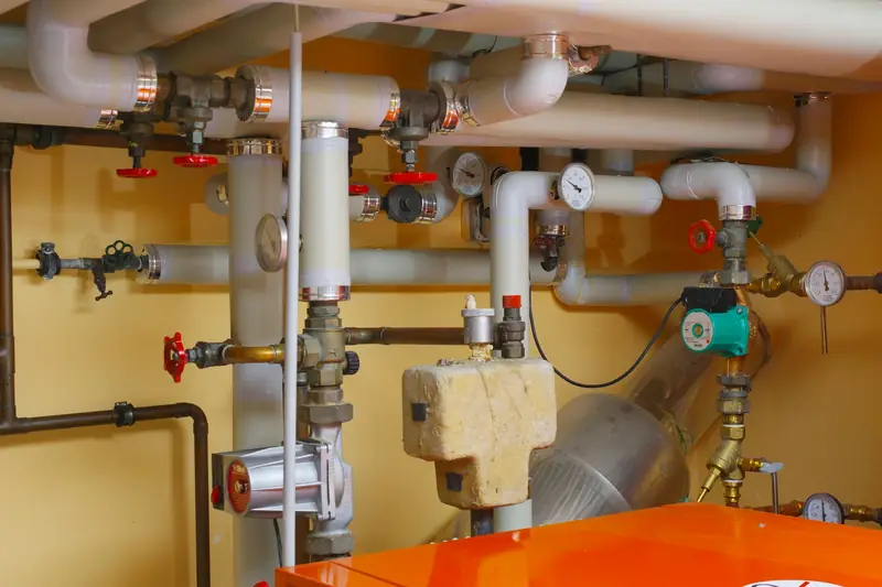Heating system pipework with a circulating pump, valves and pressure gauges