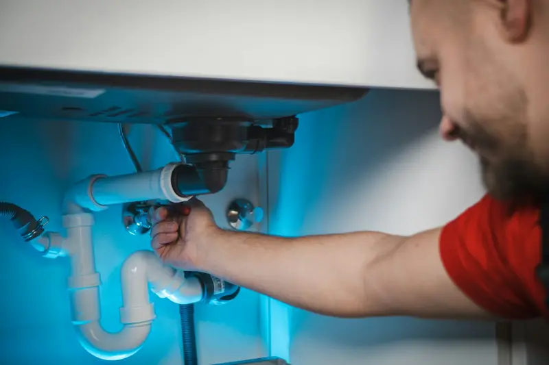 Plumber tightening the waste pipe and trap under a bathroom basin