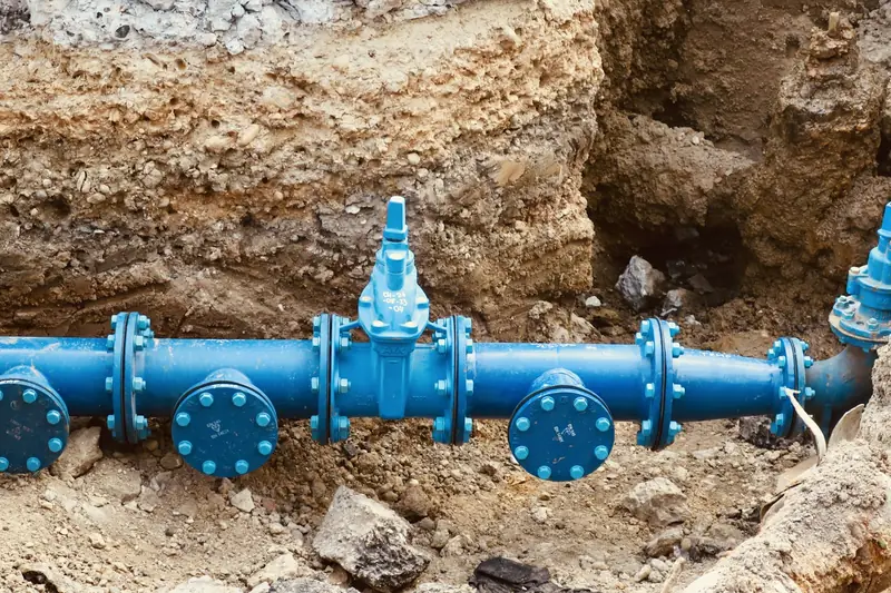 Blue mains water supply pipe and valves exposed in a dug-out trench
