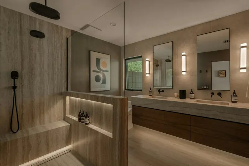 Modern bathroom with a walk-in shower, double vanity unit and wood-effect tiles